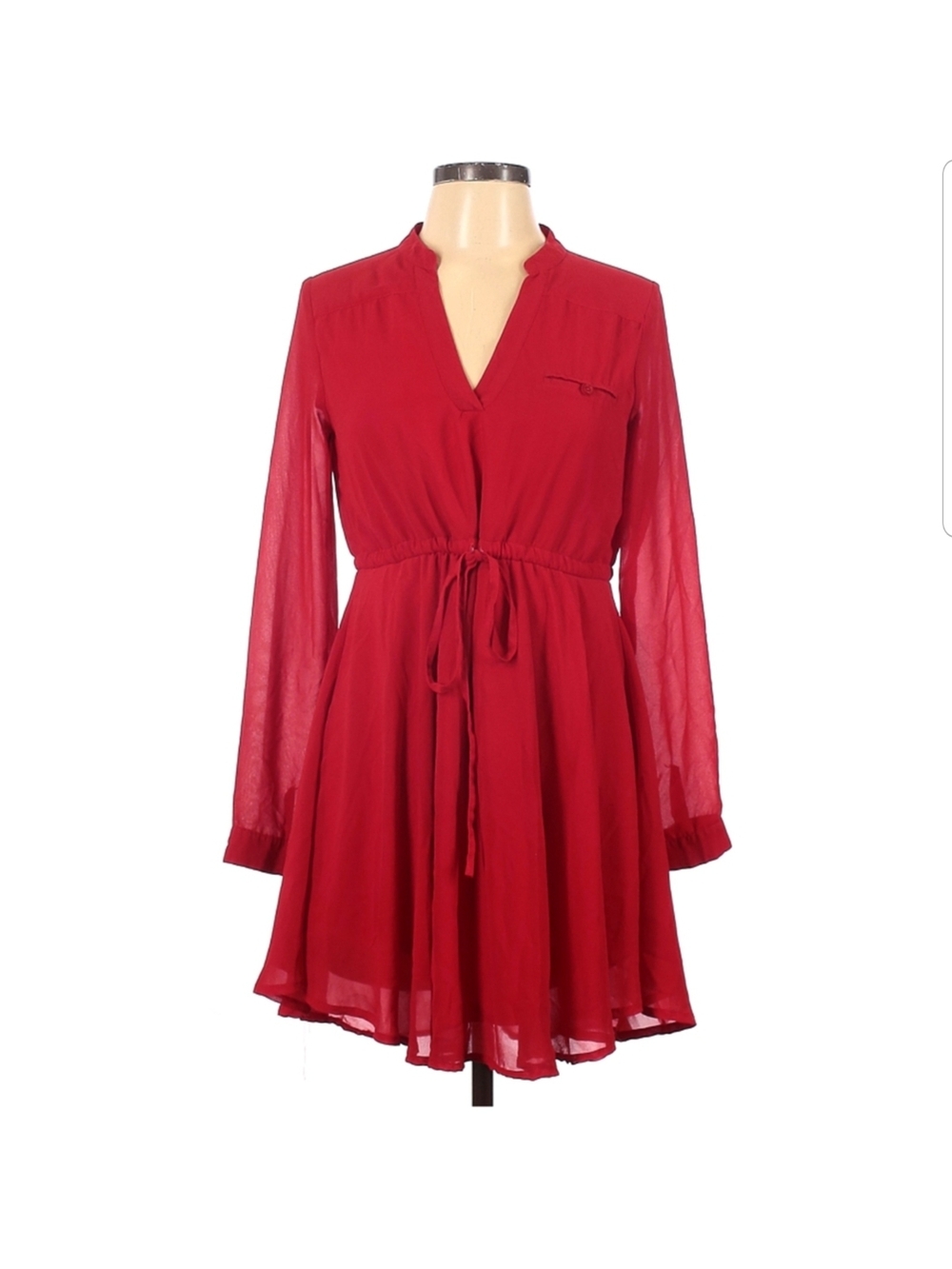 Charlotte Russe M Women's Red V-Neck Long Sleeve Tie-Waist Dress